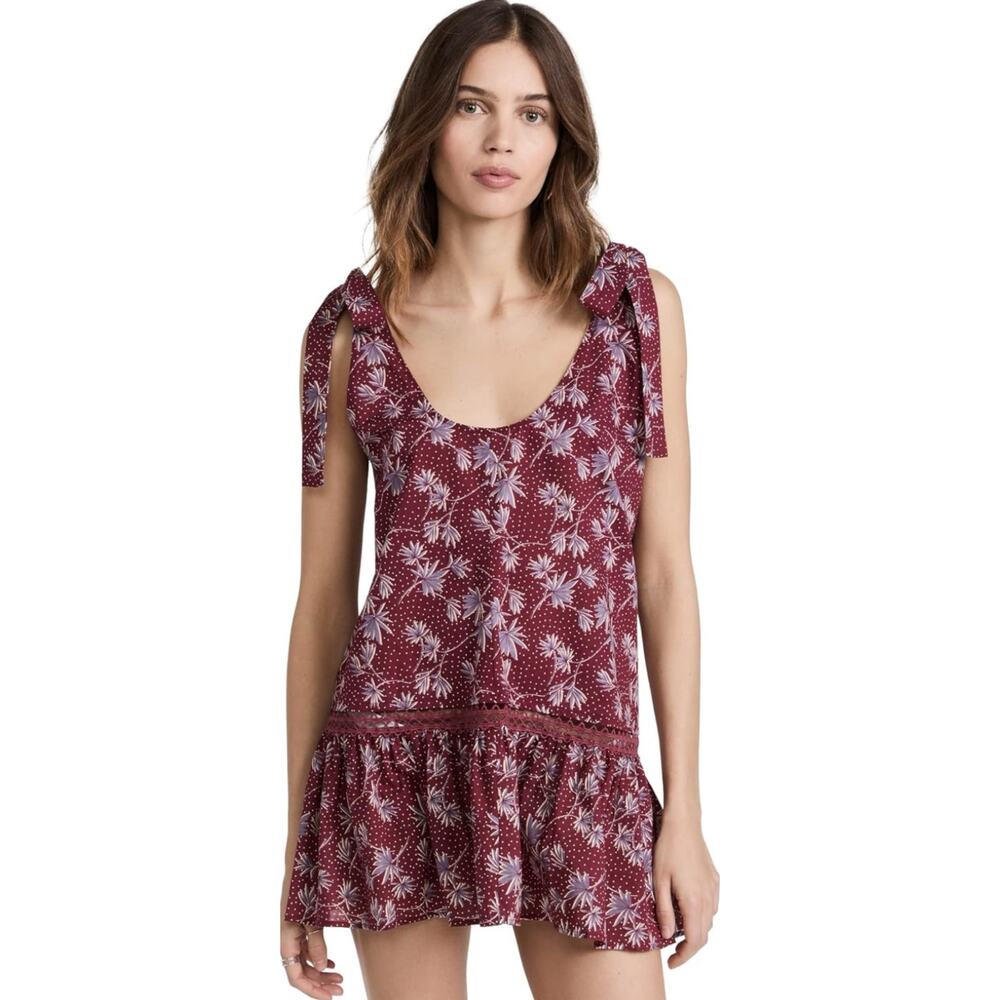Eberjey Kayla Burgundy Floral Cotton Voile Cover Up Mini Dress S NWT $168